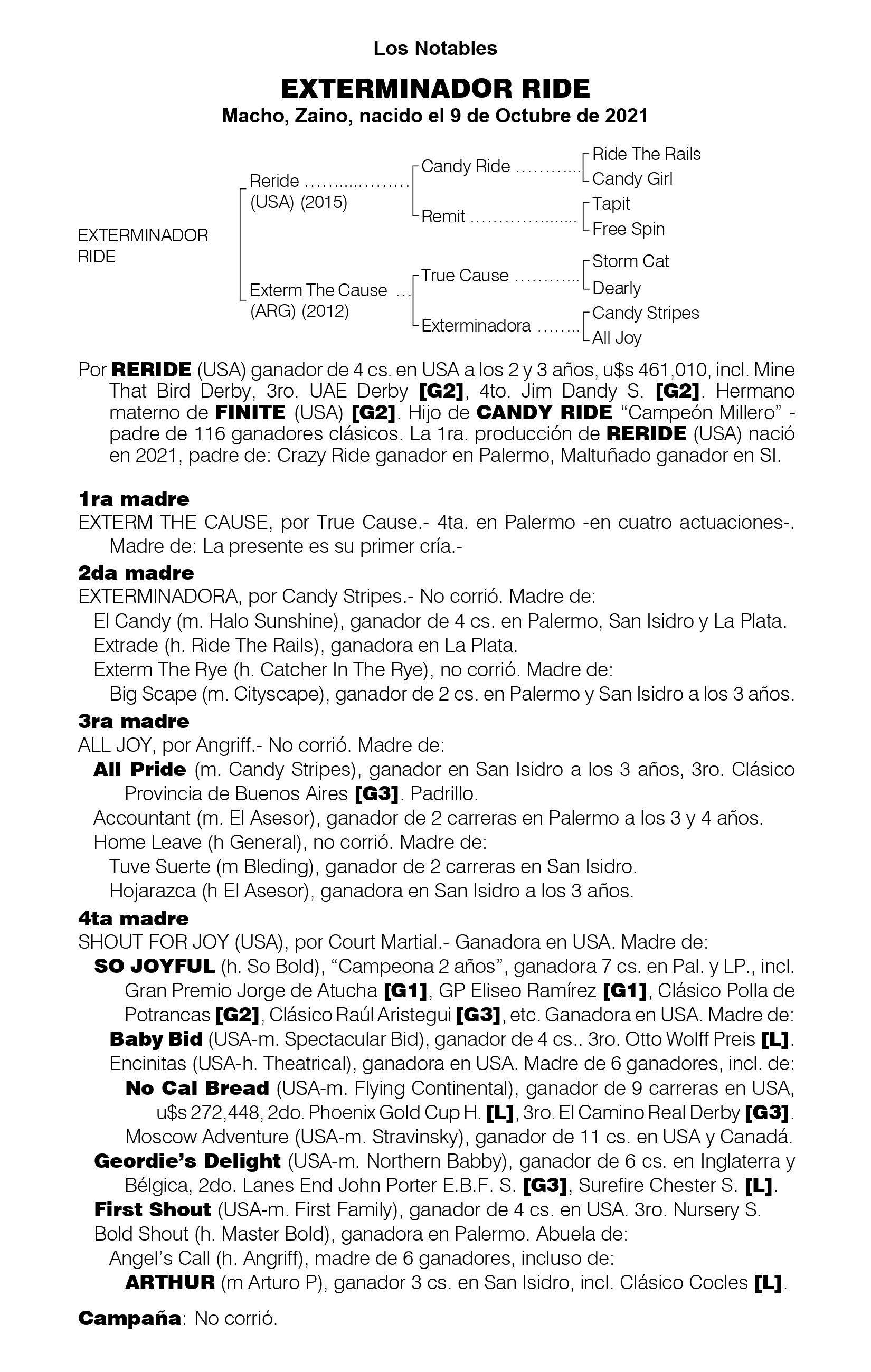 Pedigree EXTERMINADOR RIDE