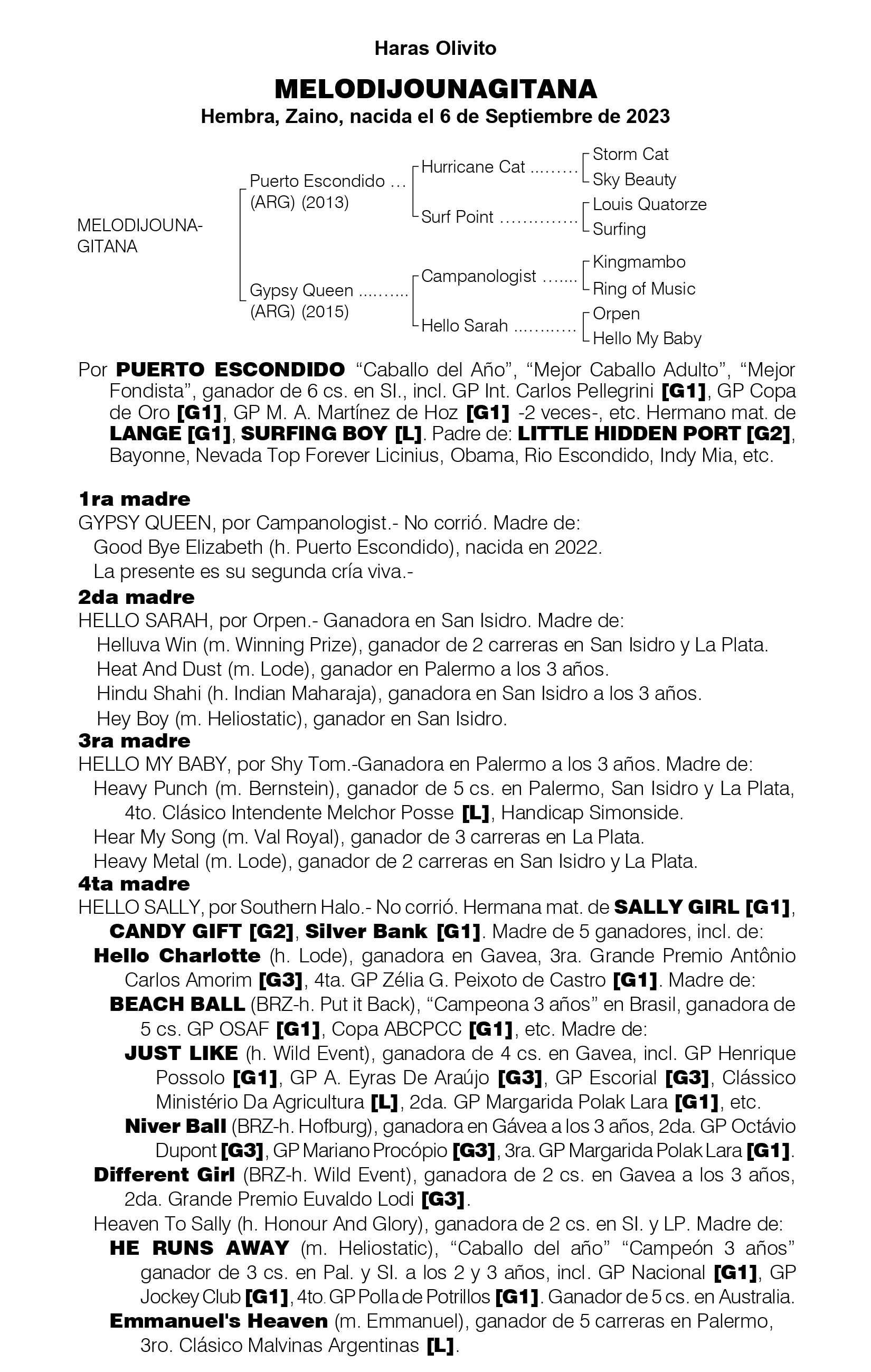 Pedigree MELODIJOUNAGITANA